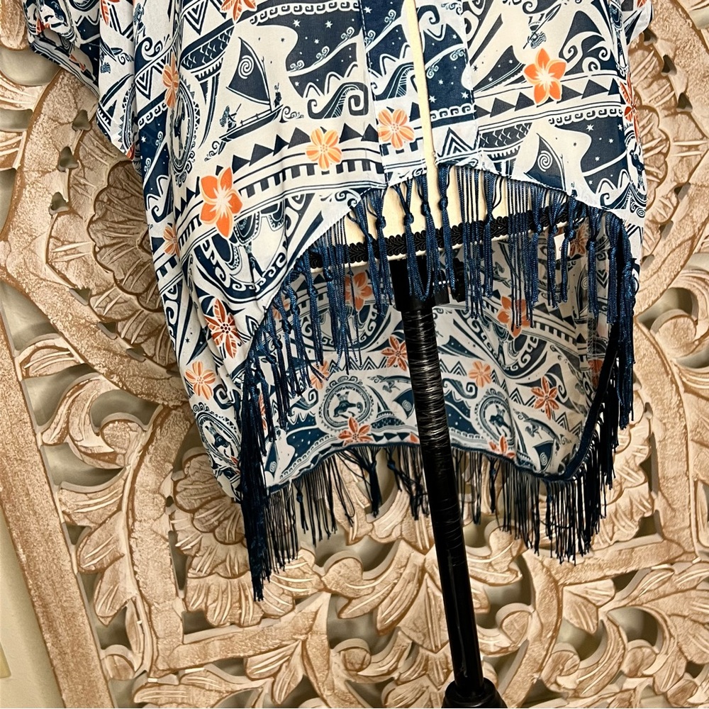 EUC Disney Moana Blue Patterned Kimono with Fringe Sz LG - Picture 4 of 8